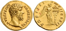 Lucius Verus, 161 - 169 
Aureus December 163-164, AV 7.26 g. ·L·VERVS AVG – ARMENIACVS Bare head r. Rev. TR P IIII – IMP II COS II Victory, half-drap...