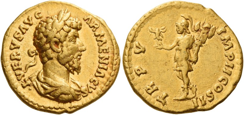 Lucius Verus, 161 - 169 
Aureus 164-165, AV 7.21 g. L VERVS AVG – ARMENIACVS La...