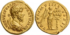 Lucius Verus, 161 - 169 
Aureus 165, AV 7.21 g. L VERVS AVG ARM – PARTH MAX Laureate, draped and cuirassed bust r. Rev. TR P VI IMP IIII – COS II Vic...