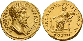 Lucius Verus, 161 - 169 
Aureus February-December 168, AV 7.22 g. L VERVS AVG – ARM PARTH MAX Laureate and draped bust r. Rev. FORT RED TR P VIII IMP...