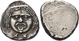 Etruria, Populonia 
20 units after 211, AR 8.19 g. Gorgoneion; below, X:X. Rev. Blank. Vecchi, Rasna 56. EC 52 (these dies). SNG ANS 77 (these dies)....