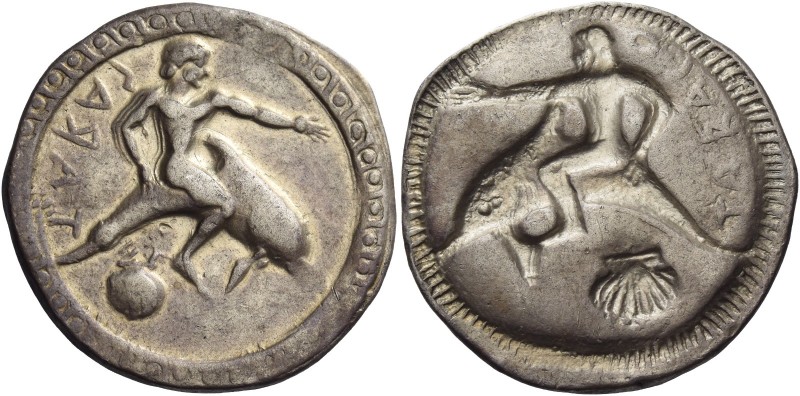 Calabria, Tarentum 
Nomos circa 510-450, AR 7.92 g. TARAΣ retrograde Phalantus ...