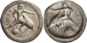Calabria, Tarentum 
Nomos circa 510-450, AR 7.92 g. TARAΣ retrograde Phalantus seated on dolphin r., left arm extended; below, shell. Rev. The same t...