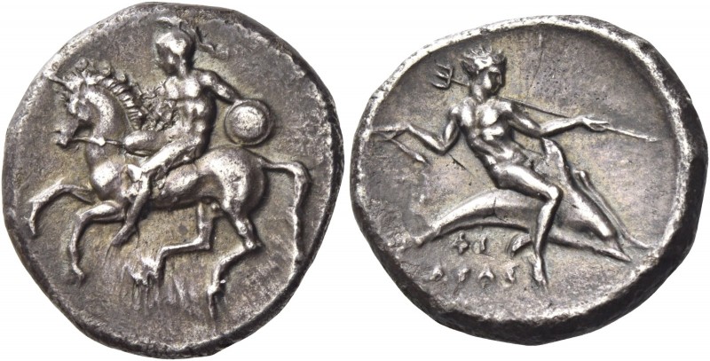 Calabria, Tarentum 
Nomos circa 355-340, AR 7.60 g. Helmeted naked horseman hol...