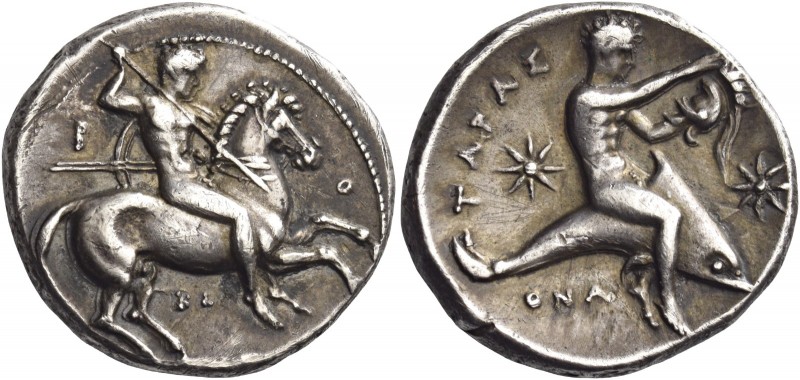 Calabria, Tarentum 
Nomos circa 333-331/330, AR 7.89 g. Naked horseman r., spea...