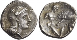 Calabria, Tarentum 
Diobol circa 325-280, AR 1.05 g. Head of Athena r., wearing crested helmet decorated with rosettes and A on neck guard; in field,...