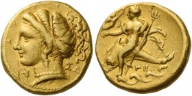 Calabria, Tarentum 
Half stater circa 320-315, AV 4.24 g. TAPA retrograde Head of Satyra (?) l., wearing necklace and triple pendant earring, hair bo...