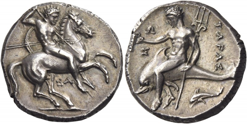 Calabria, Tarentum 
Nomos circa 315-300, AR 7.67 g. Horseman advancing r., hold...