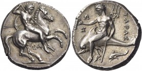 Calabria, Tarentum 
Nomos circa 315-300, AR 7.67 g. Horseman advancing r., holding a spear pointed downwards in his r. hand and two more spears and a...