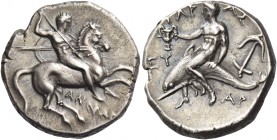 Calabria, Tarentum 
Nomos circa 302-231, AR 7.68 g. Horseman advancing r., holding a spear pointed downwards in his r. hand and two more spears and a...