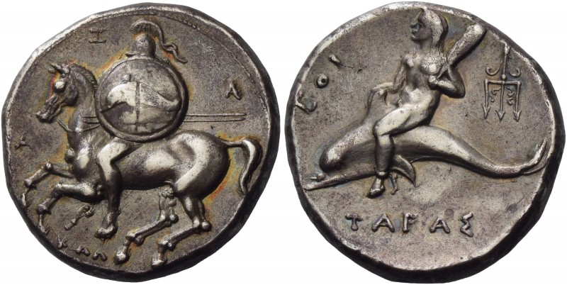 Calabria, Tarentum 
Nomos circa 290-281, AR 7.72 g. Helmeted horseman galloping...