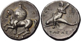 Calabria, Tarentum 
Nomos circa 290-281, AR 7.72 g. Helmeted horseman galloping l., holding spears and shield decorated with dolphin; below, KAΛ and ...