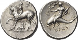 Calabria, Tarentum 
Nomos circa 280-272, AR 6.66 g. Boy rider l., crowning his horse; above, |-I and below, ZΩΠI and silenus with patera and cornucop...