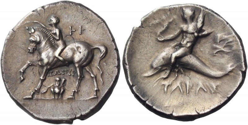 Calabria, Tarentum 
Nomos circa 280-272, AR 6.38 g. Youth on horseback l., crow...