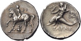 Calabria, Tarentum 
Nomos circa 280-272, AR 6.38 g. Youth on horseback l., crowning horse; above, |-I and below, ZΩΠYI and squatting satyr. Rev. ΤΑΡΑ...