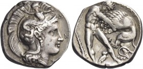 Lucania, Heraclea 
Nomos circa 390-340, AR 7.74 g. Head of Athena r., wearing Attic helmet decorated with Scylla hurling stone; in r. field, Δ – Κ – ...
