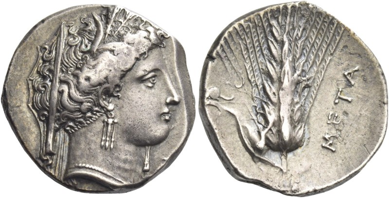 Metapontum 
Nomos circa 340-330, AR 7.85 g. Head of Demeter r., wearing barley ...