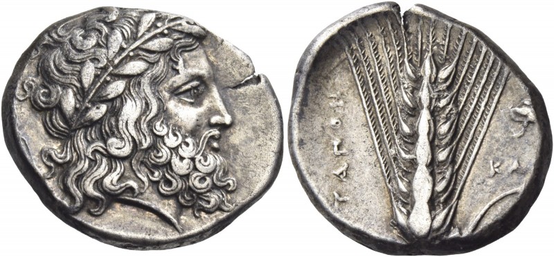 Metapontum 
Nomos circa 340-330, AR 7.74 g. Laureate head of Zeus r. Rev. [ME]T...