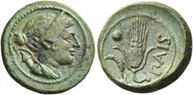 Poseidonia as Paestum 
Uncia circa 264-241, Æ 2.67 g. Head of Artemis r., holding bow and quiver over shoulder. Rev. ΠAIS Corn-ear; in l. field, spra...