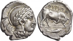 Thurium 
 Nomos circa 443-400, AR 7.86 g. Head of Athena r., wearing Attic helmet decorated with wreath. Rev. [Θ]ΟΥΡΙΩΝ Bull butting r.; between legs...