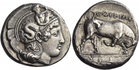 Thurium 
Dinomos circa 410-400, AR 15.34 g. Head of Athena r., wearing crested Attic helmet decorated with Scylla scanning and neck guard with griffi...