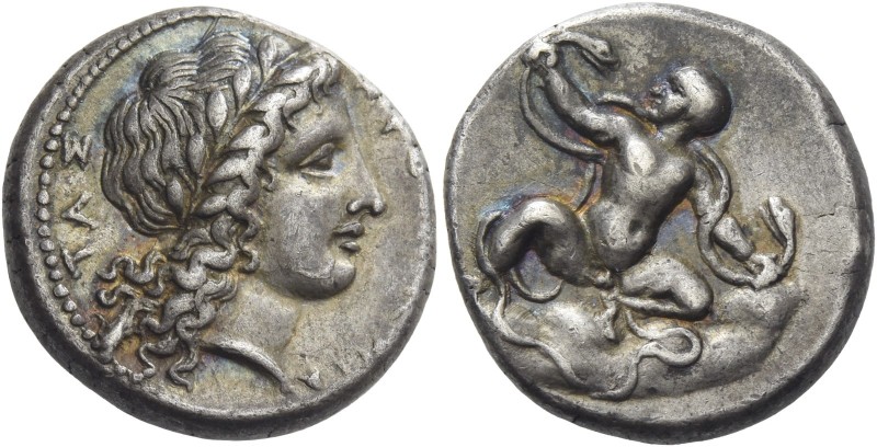 Croton 
Nomos circa 350-340, AR 7.69 g. KΡOTΩNIA – TAΣ Laureate head of Apollo ...