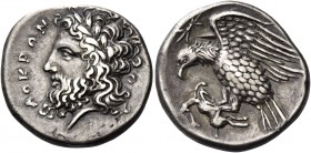 Locri 
Nomos circa 320-280, AR 7.65 g. ΛOKPΩN Laureate head of Zeus l. Rev. Eagle l., with spread wings, holding hare; above, thunderbolt. SNG Delepi...