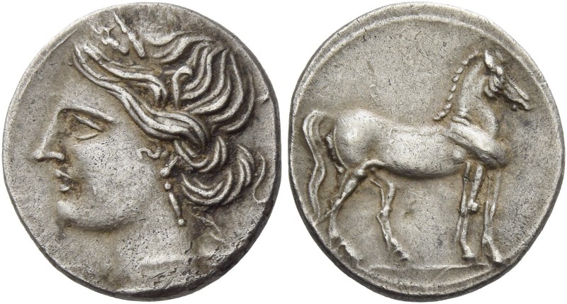 Locri 
¼ shekel, Locri 216-211, AR 1.76 g. Head of Tanit (Kore-Persephone) l., ...
