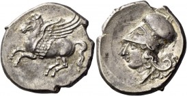 Medma 
Corinthian stater circa 330-320, AR 8.40 g. Pegasus flying l. Rev. Helmeted head of Athena l., wearing Corinthian helmet; below neck truncatio...