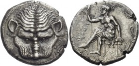 Rhegium 
Tetradrachm circa 425-420, 17.02 g. Lion's mask facing. Rev. P – ECIИOΣ Apollo Iocastus seated l., holding sceptre. All within olive wreath....
