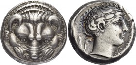 Rhegium 
Tetradrachm circa 420-410, AR 17.09 g. Lions mask facing. Rev. PEΓINOΣ Laureate head of Apollo r.; behind, olive sprig and in r. field, KPA[...