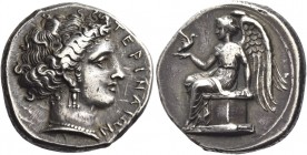Terina 
Nomos circa 380-360, AR 7.72 g. TEPINAIΩN Female head r., hair rendered in elaborate style, wearing earring and necklace. Rev. Nike seated on...