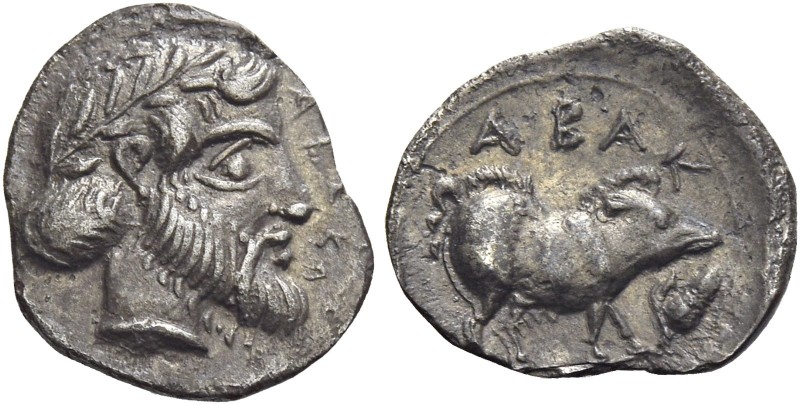 Sicily, Abacaenum 
Litra circa 455-450, AR 0.53 g. ABAK Laureate and bearded ma...