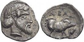 Sicily, Abacaenum 
Litra circa 455-450, AR 0.53 g. ABAK Laureate and bearded male head r. Rev. ABAK Sow standing r.; in field r., acorn. Rizzo pl. LI...