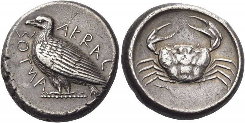 Agrigentum 
Tetradrachm circa 460, AR 16.99 g. AKRAC – ANTOΣ (retrograde) Eagle...