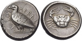 Agrigentum 
Tetradrachm circa 460, AR 16.99 g. AKRAC – ANTOΣ (retrograde) Eagle standing l., with closed wings. Rev. Crab. Rizzo pl. I, 5 (this obver...