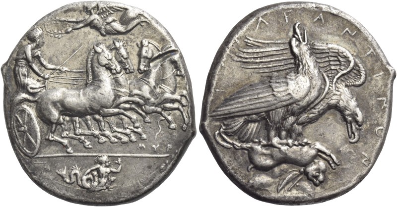 Agrigentum 
Tetradrachm signed by engraver Myron circa 410-406, AR 17.08 g. Fas...