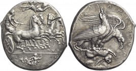 Agrigentum 
Tetradrachm signed by engraver Myron circa 410-406, AR 17.08 g. Fast quadriga driven r. by charioteer holding kentron and reins; above, N...