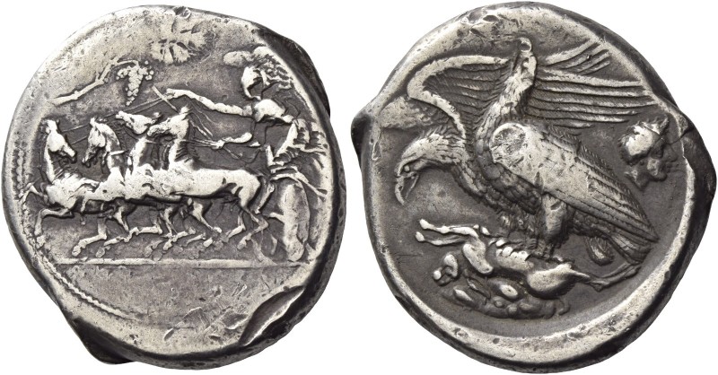 Agrigentum 
Tetradrachm signed by magistrate Straton, circa 410-406, AR 17.12 g...