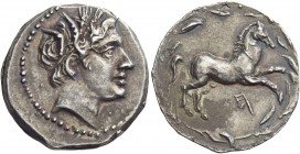Agrigentum 
Half-shekel 213-211, AR 3.60 g. Male head r., wearing barley wreath. Rev. Horse galloping r.; below, Punic letter H. All within wreath. S...