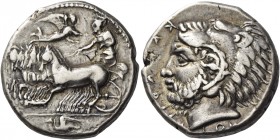 Camarina 
Tetradrachm circa 415-400, AR 17.37 g. Fast quadriga driven l. by charioteer, holding reins; above, Nike flying r. to crown him. In exergue...