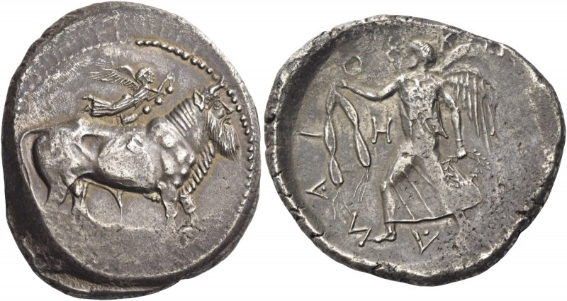 Catana 
Tetradrachm circa 464-450, AR 17.23 g. The river-god Amenanos as a bear...