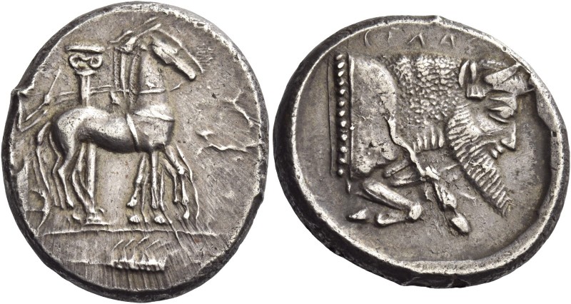 Gela 
Tetradrachm circa 465-460, AR 17.22 g. Slow quadriga driven r. by chariot...
