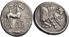 Gela 
Tetradrachm circa 465-460, AR 17.22 g. Slow quadriga driven r. by charioteer holding reins and kentron; in the background, column. In exergue, ...