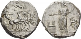 Himera 
Tetradrachm before 405, AR 17.46 g. Fast quadriga driven r. by nymph Himera; above Nike flying l. to crown her with r. hand, while holding wi...