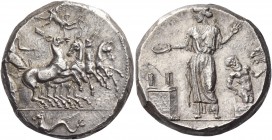 Himera 
Tetradrachm before 405, AR 17.35 g. Fast quadriga driven r. by nymph Himera; above Nike flying l. to crown her with r. hand, while holding wi...