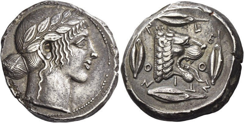 Leontini 
Tetradrachm circa 455-450, AR 17.12 g. Laureate head of Apollo r. Rev...