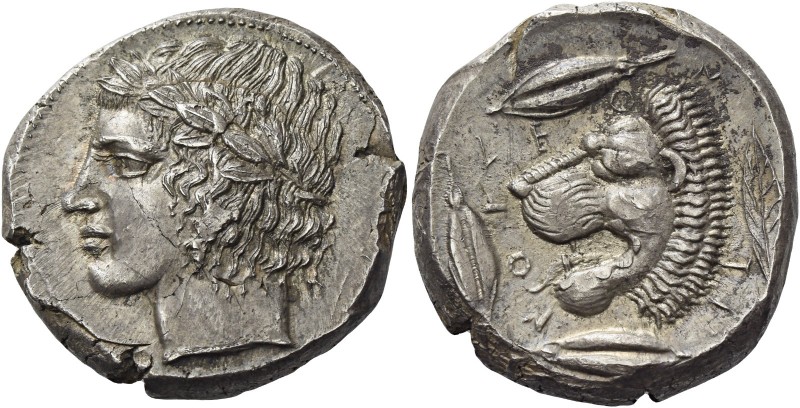 Leontini 
Tetradrachm circa 430-425, AR 16.86 g. Laureate head of Apollo l. Rev...