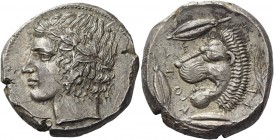 Leontini 
Tetradrachm circa 430-425, AR 16.86 g. Laureate head of Apollo l. Rev. LEO – N – TI – NON Lions' head l., with open jaws and protruding ton...