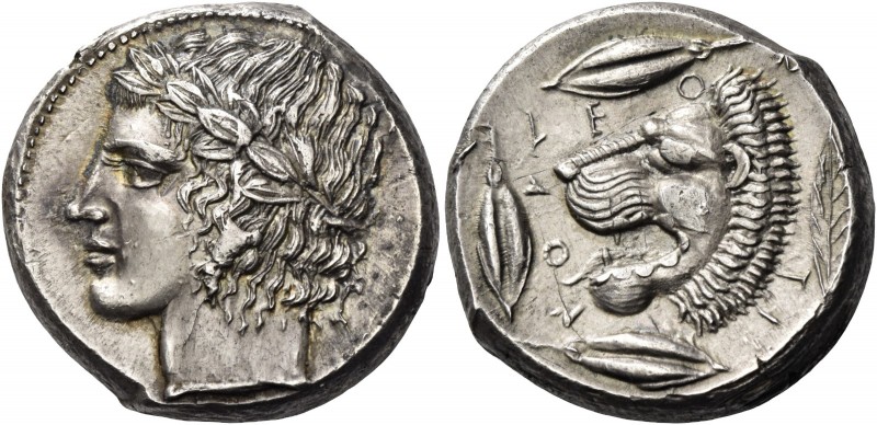 Leontini 
Tetradrachm circa 430-425, AR 17.46 g. Laureate head of Apollo l. Rev...